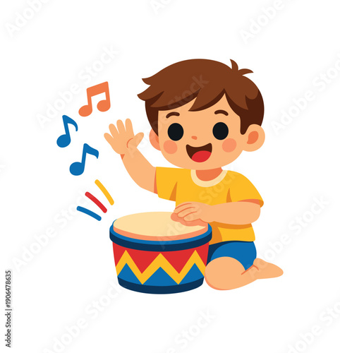 kid playing musical drum rhythm and sound exploration clean shapes. colored flat icon vector illustration