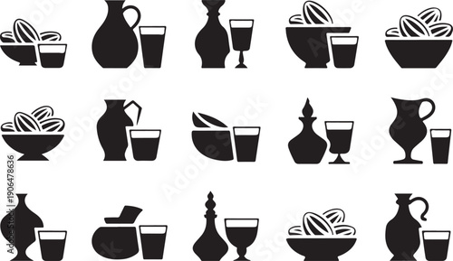 Collection of Silhouette Icons Featuring Jugs, Glasses, and Bowls of Fruit pitcher