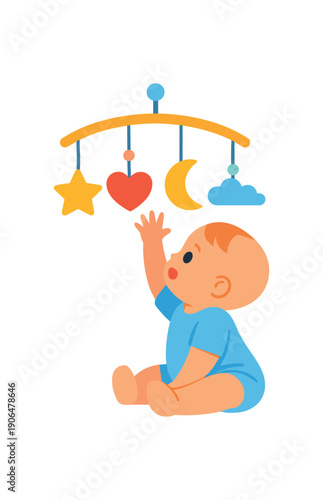 baby reaching for hanging mobile curiosity milestone clean shapes. colored flat icon vector illustration