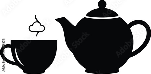 Teapot and steaming cup silhouette set, classic tea service icons isolated on white background, minimalist black vector illustration design
