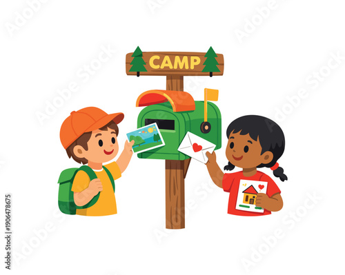 camp mailbox with kids dropping letters and postcards inside communication with home clean shapes. colored flat icon vector illustration