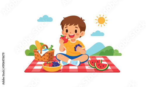 kid sitting on picnic blanket eating fruit outdoor family time clean shapes. colored flat icon vector illustration