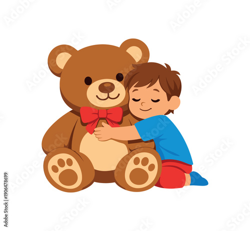kid hugging big teddy bear comfort plush toy for children clean shapes. colored flat icon vector illustration