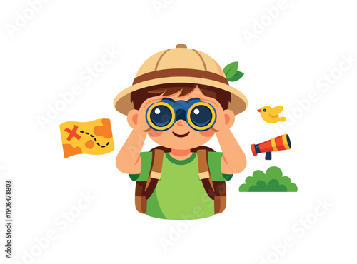 kid using toy binoculars pretend explorer game clean shapes. colored flat icon vector illustration