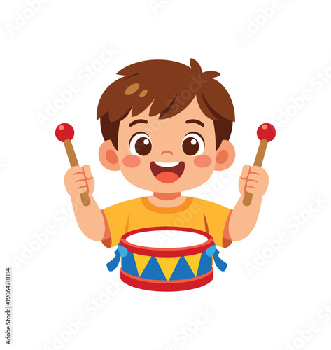 kid holding toy drumsticks and small drum musical playtime clean shapes. colored flat icon vector illustration