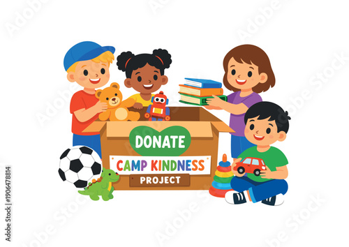 group of kids sorting toys and books to donation box camp kindness project clean shapes. colored flat icon vector illustration
