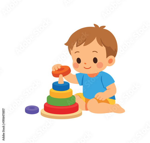 toddler stacking wooden rings on cone classic baby toy clean shapes. colored flat icon vector illustration
