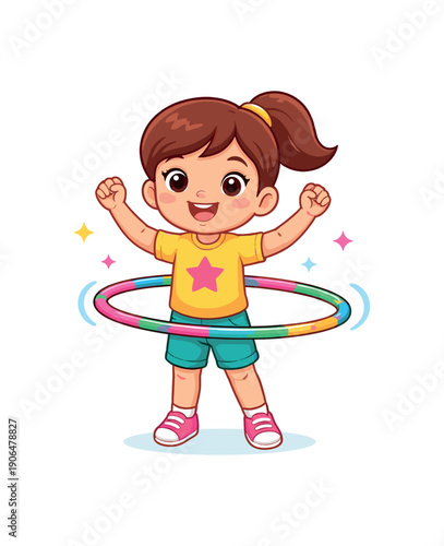 child spinning hula hoop active toy play clean shapes. colored flat icon vector illustration