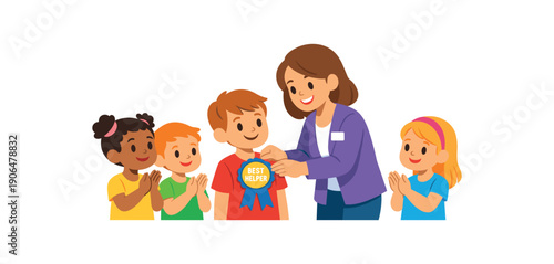 child receiving best helper ribbon from counselor other kids clapping recognition moment clean shapes. colored flat icon vector illustration