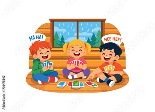 kids sitting on cabin floor playing card game and laughing rainy day indoor fun clean shapes. colored flat icon vector illustration