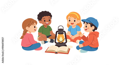 group of kids sitting around lantern listening to evening story cozy children moment clean shapes. colored flat icon vector illustration