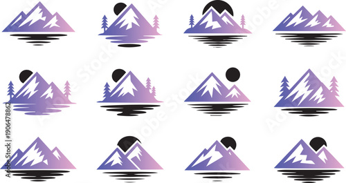 Mountain landscape icons with trees and moon, purple and pink gradient, nature symbols, outdoor adventure, travel landmarks
