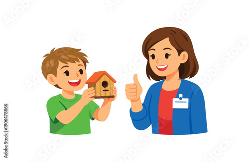 child proudly showing small wooden project to counselor thumbs up feedback clean shapes. colored flat icon vector illustration