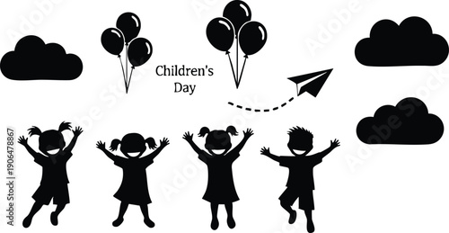 Silhouette children jumping with raised hands surrounded by balloons paper airplane and clouds celebrating childrens day in simple vector style