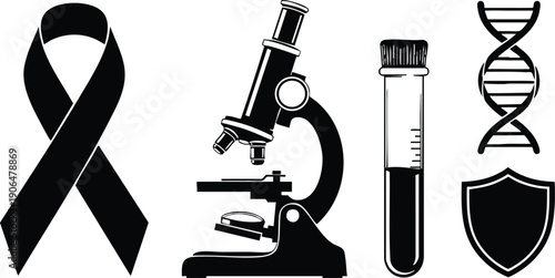 Minimalist black vector icons of cancer awareness ribbon microscope test tube dna strand and shield symbol with clean design medical and scientific concept