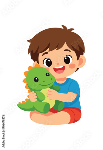 child holding plush dinosaur toy favorite animal friend clean shapes. colored flat icon vector illustration