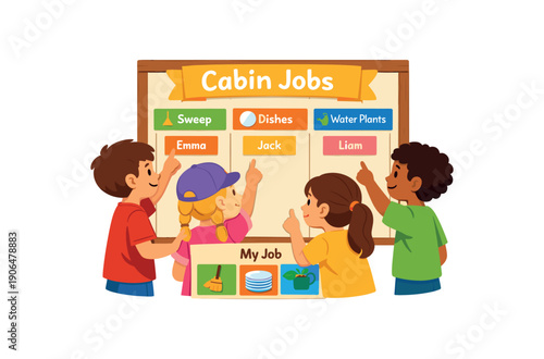 kids clustered around big chart choosing cabin jobs sweep dishes water plants responsibility board clean shapes. colored flat icon vector illustration