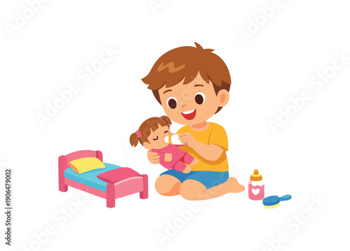 kid playing with doll and tiny bed pretend care game clean shapes. colored flat icon vector illustration