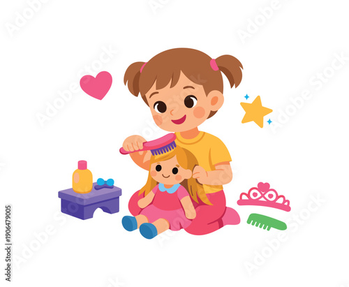 child brushing doll hair pretend play imagination development clean shapes. colored flat icon vector illustration