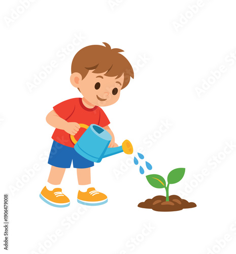 child watering small plant responsibility and care learning clean shapes. colored flat icon vector illustration
