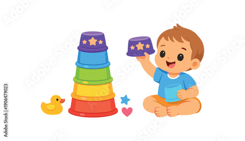 toddler stacking soft cups tower baby development toy clean shapes. colored flat icon vector illustration