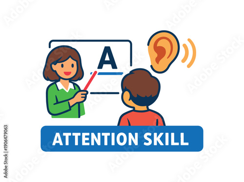 kid listening to teacher with ear icon above attention skill clean shapes. colored flat icon vector illustration