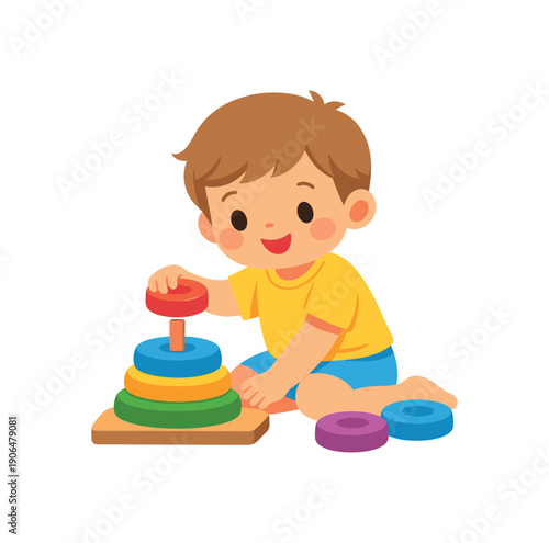 toddler playing with stacking donuts on peg baby learning toy clean shapes. colored flat icon vector illustration