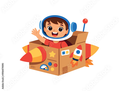 kid sitting inside cardboard box pretending spaceship imaginative toy play clean shapes. colored flat icon vector illustration