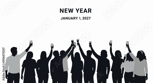 People silhouettes raising glasses for New Year celebration, diverse group toasting future. New Year celebration brings joy, anticipation for upcoming year among happy crowd.