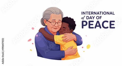 Elderly woman embracing young boy, celebrating spirit of Day of Peace. Intergenerational bond depicted through warm hug, representing compassion for International Peace Day.