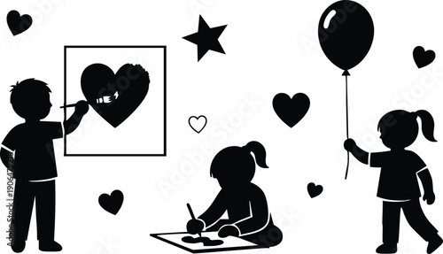 Silhouette of three children drawing hearts with paint and holding balloon surrounded by floating hearts and star shapes in black and white vector style