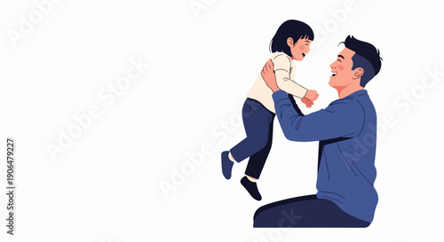 Happy father daughter moment with dad lifting young girl in air, showing love and joy. Cheerful father daughter bond illustrates family values, perfect for Father's Day celebration.