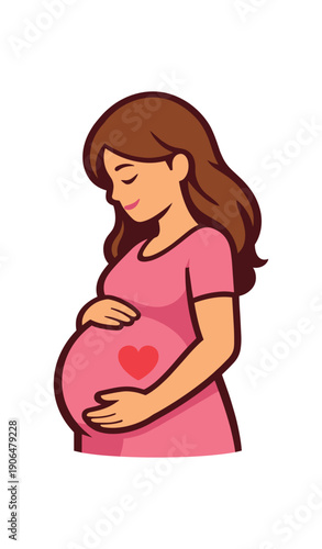 pregnant woman gently holding belly small heart icon expectation of baby clean shapes. colored flat icon vector illustration