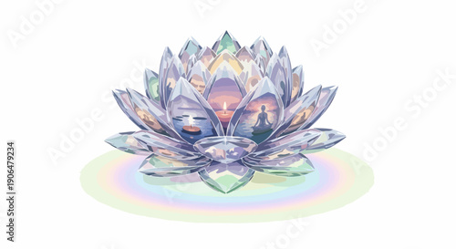 Radiant crystal lotus flower with translucent petals, revealing spiritual scenes. Crystal lotus flower features meditative figures, candles, landscapes inside, radiating subtle rainbow aura.
