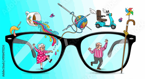Happy active aging concept with dancing senior couple through stylish eyeglasses. Active aging elements: yarn, knitting, mobility scooter, colorful liquid, cane, symbolizing vibrant life.