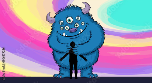 Friendly monster hugs human silhouette on vibrant background. Large blue multieyed creature offers comforting friendly monster embrace, symbolizing support and connection.