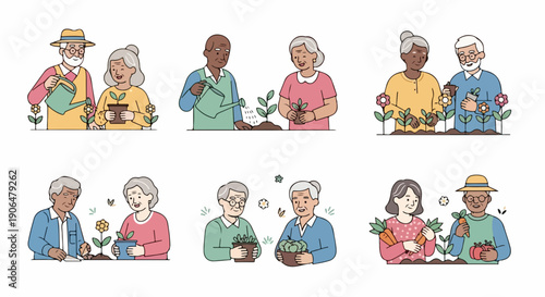 Senior gardening activities portray diverse elderly couples tending potted plants and watering small seedlings. Older adults nurture various greens,