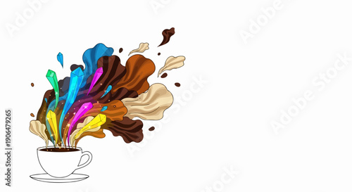Colorful creative coffee illustration with abstract liquid splashes flowing out from white cup. Dynamic creative coffee concept symbolizes vibrant energy and artistic inspiration.