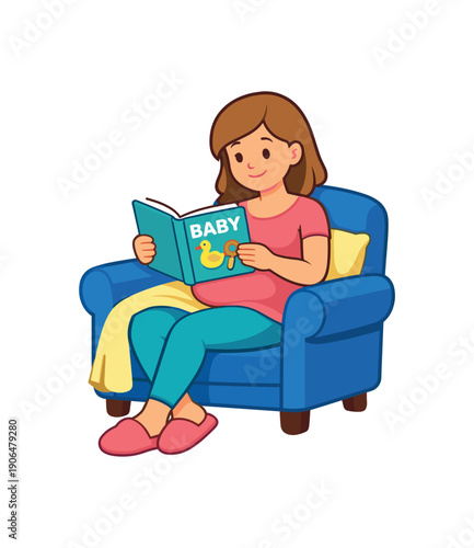 pregnant woman sitting armchair reading baby book cozy waiting for child clean shapes. colored flat icon vector illustration