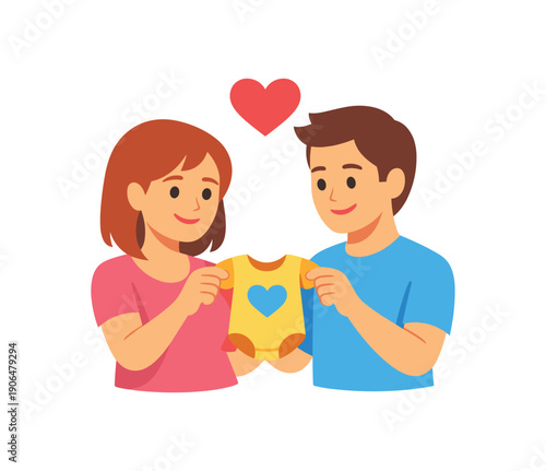 future parents holding tiny baby onesie between them heart above symbol of ожидание малыша clean shapes. colored flat icon vector illustration