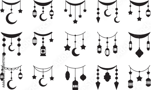 Hanging Islamic decorative elements with moons stars and lanterns Keywords: Islamic decoration, hanging decoration, crescent moon, star, lantern, Ramadan, Eid, Islamic symbol, festive, celebration