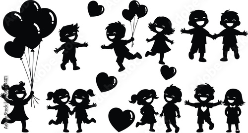 Black silhouette children holding balloons laughing playing running together with heart shapes floating around cute joyful vector art design