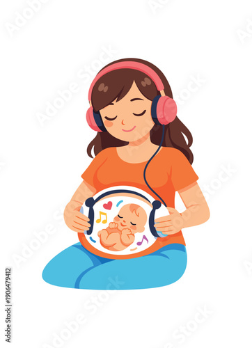 pregnant woman listening to music with headphones on belly soft notes around baby bonding clean shapes. colored flat icon vector illustration
