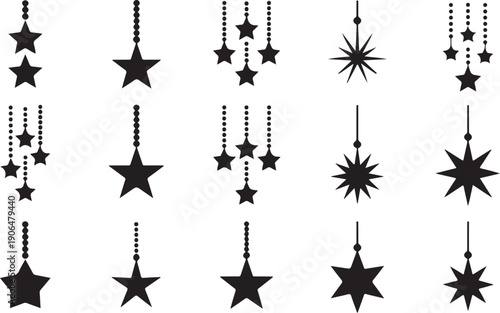 Hanging star ornaments and geometric starbursts on strings Keywords: star, hanging star, starburst, geometric star, ornament, decoration, festive, celebration, graphic, vector, illustration