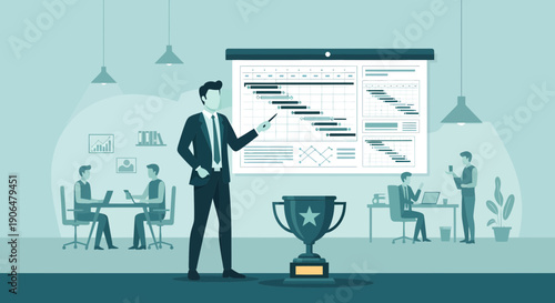 Successful Business Presentation with Project Timeline and Team Collaboration.