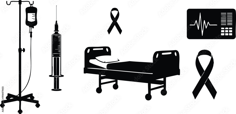 Obraz premium Black and white medical icons of hospital bed infusion drip syringe awareness ribbons and heart monitor vector set in flat design style with simple silhouette isolated elements
