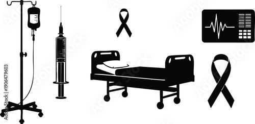 Black and white medical icons of hospital bed infusion drip syringe awareness ribbons and heart monitor vector set in flat design style with simple silhouette isolated elements