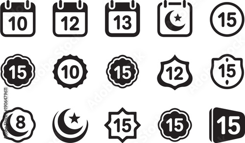 Islamic and Number Icons with Calendars, Stars, and Numbers 8 10 12 13 15 Keywords: calendar icon, number icon, islamic symbol, star and crescent, number 10, number 12, number 13, number 15, number