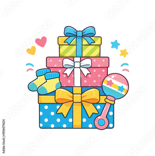 baby shower gift stack with tiny socks rattle and ribbon celebration before baby comes clean shapes. colored flat icon vector illustration