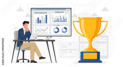 Business Analyst Contemplates Success with Trophy and Data Visualization.